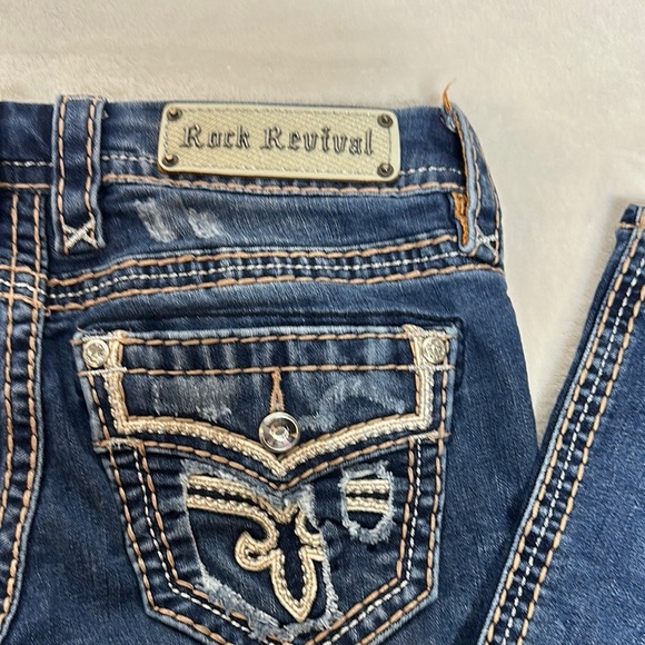 Rock Revival Blue Ankle Cropped Jeans with Intricate Stitching - Picture 2 of 15